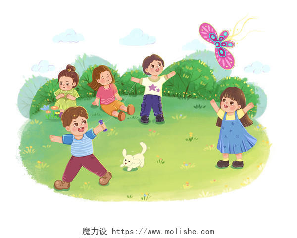 很多小孩一起玩耍元素草地放风筝小狗云朵鲜花PNG素材儿童节